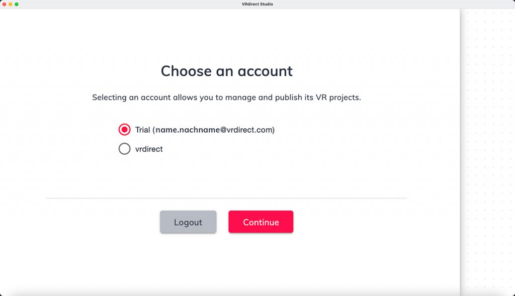 VRdirect Studio 2.4:Account and User Login