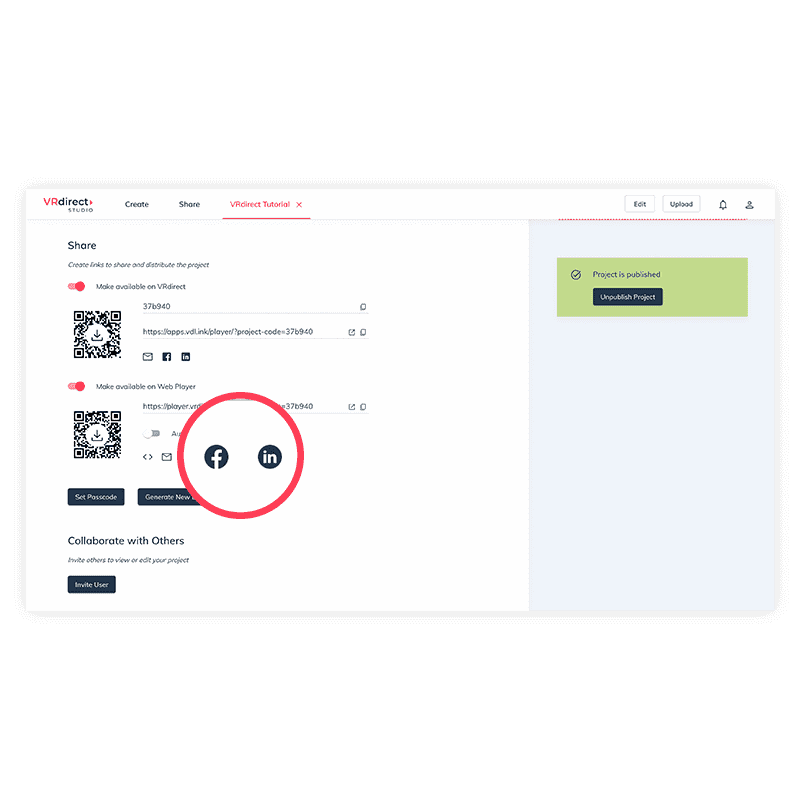 VRdirect Web Player - Sharing of VR projects via social media